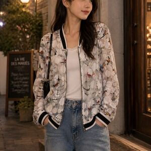 Zoe Sheer Bird Print Bomber Jacket Size S/M Lightweight Zip Front Trendy Layer